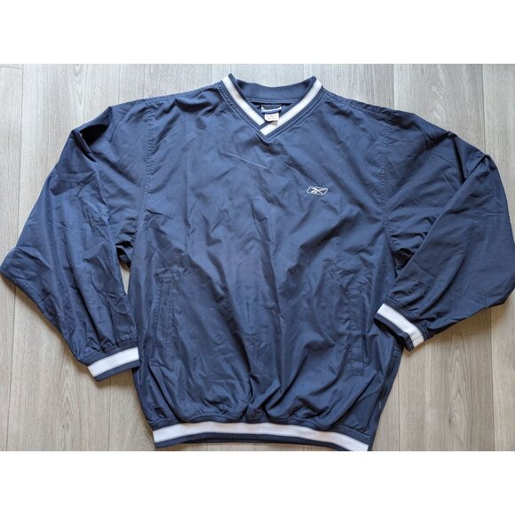 Reebok Navy Blue Pullover V-Neck Windbreaker Jacket Zip Pockets Mens Size XL - Picture 6 of 8